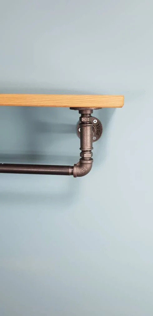 Solid Oak Shelf with Gas Pipe Rail - Custom Length and Depth