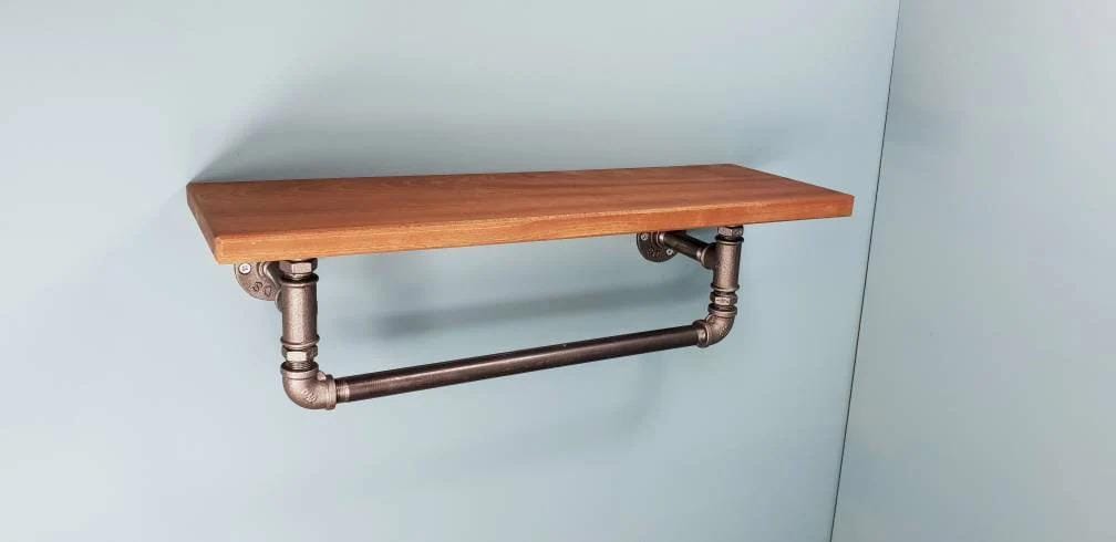 Solid Sapele Shelf with Gas Pipe Rail - Custom Length and Depth