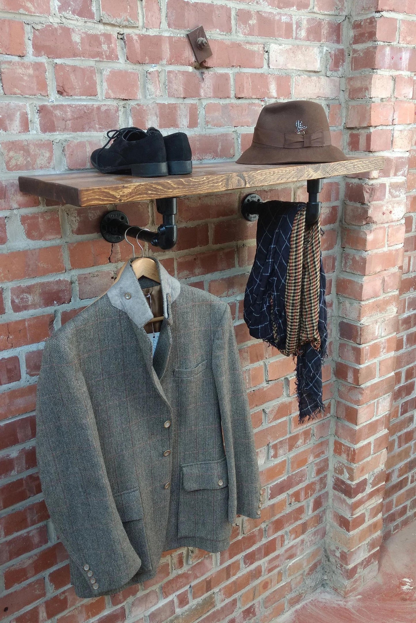 Reclaimed Scaffold Shelf with Gas Pipe Brackets - Custom Length and Depth