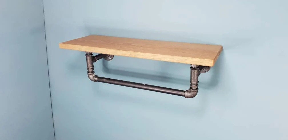 Solid Oak Shelf with Gas Pipe Rail - Custom Length and Depth