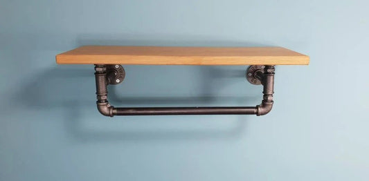 Solid Oak Shelf with Gas Pipe Rail - Custom Length and Depth