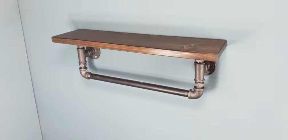 Wooden Shelf with Gas Pipe Rail - Custom Length and Depth