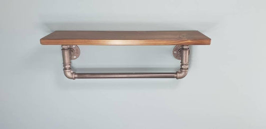 Wooden Shelf with Gas Pipe Rail - Custom Length and Depth
