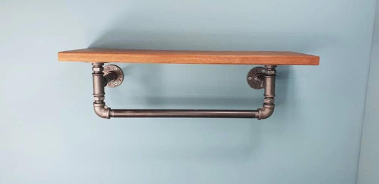 Solid Sapele Shelf with Gas Pipe Rail - Custom Length and Depth
